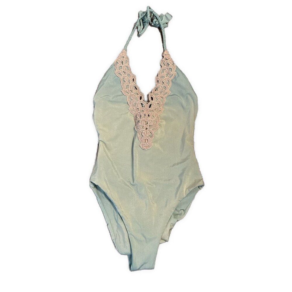 Blue Life Green Beige Lace Scrunch Butt One Piece Bathing suit Swim Suit Medium